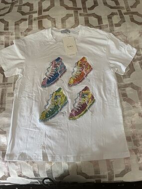CLOK White Short Sleeve Tee with Multicolor Embellished Sneakers